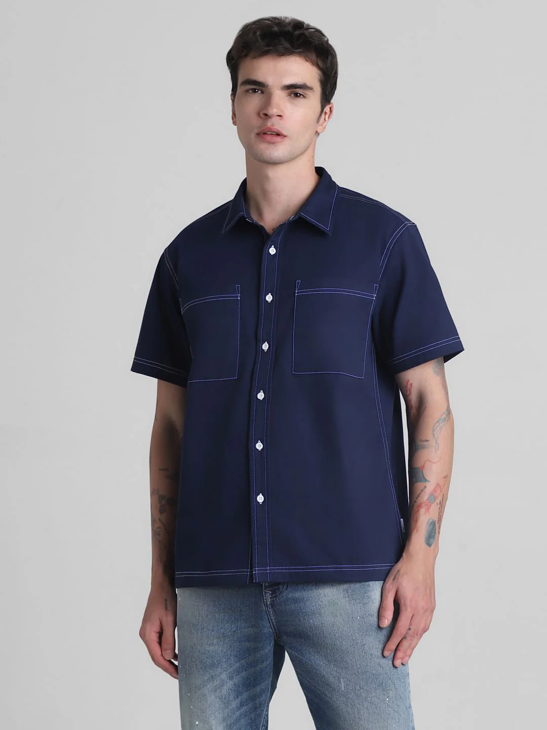 Blue Contrast Stitch Oversized Shirt - Image 2