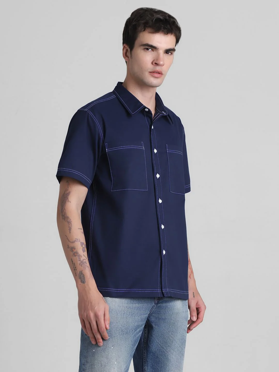 Blue Contrast Stitch Oversized Shirt - Image 3