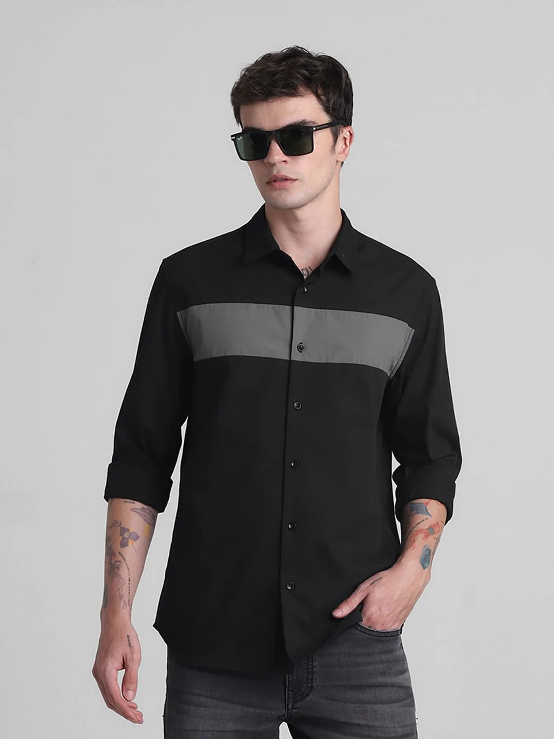Black Colourblocked Full Sleeves Shirt