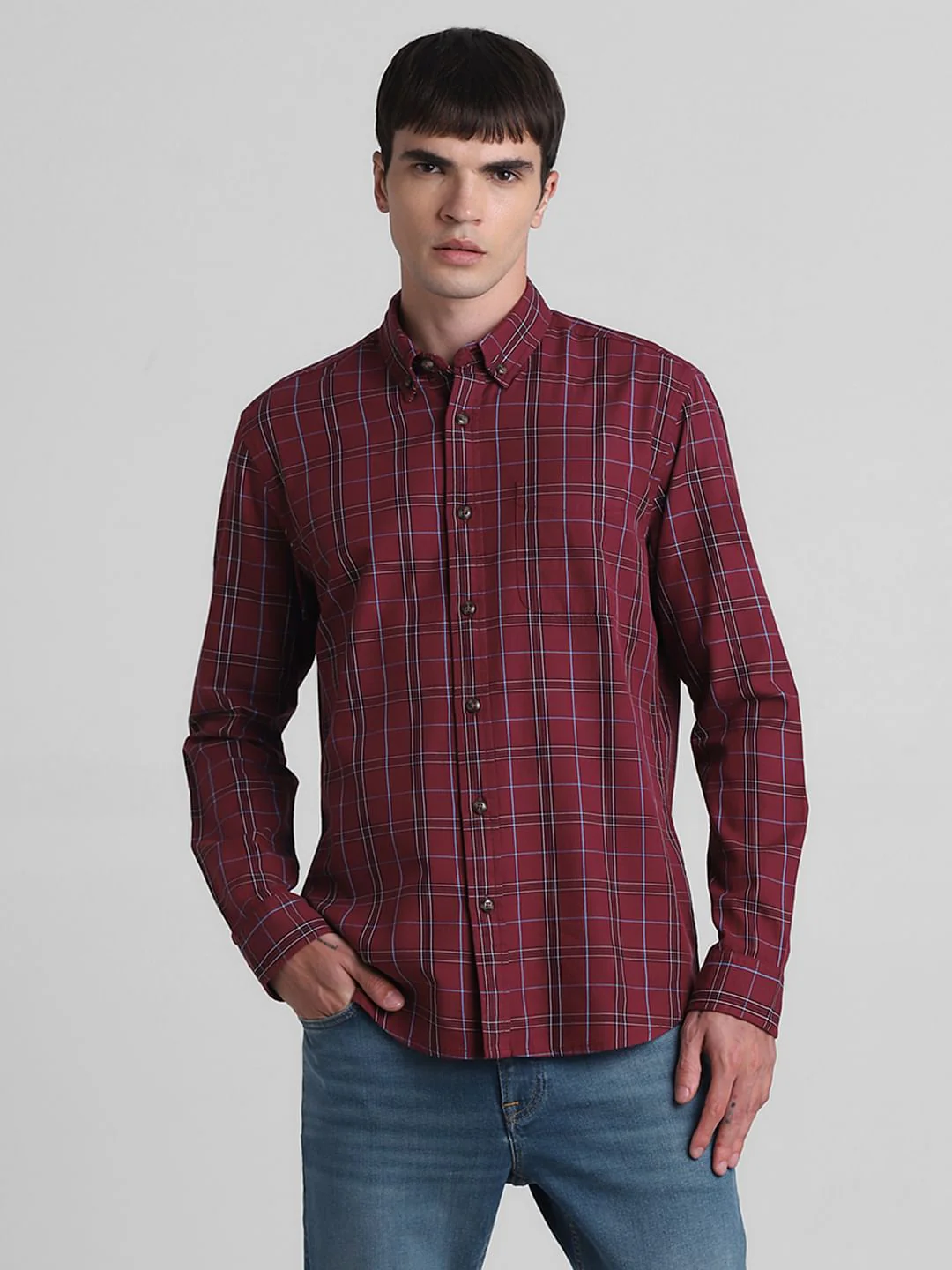 Red Cotton Check Full Sleeves Shirt - Image 2