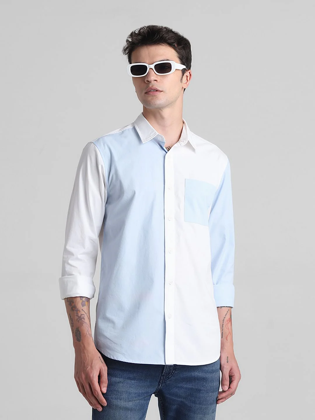 Blue Colourblocked Full Sleeves Shirt