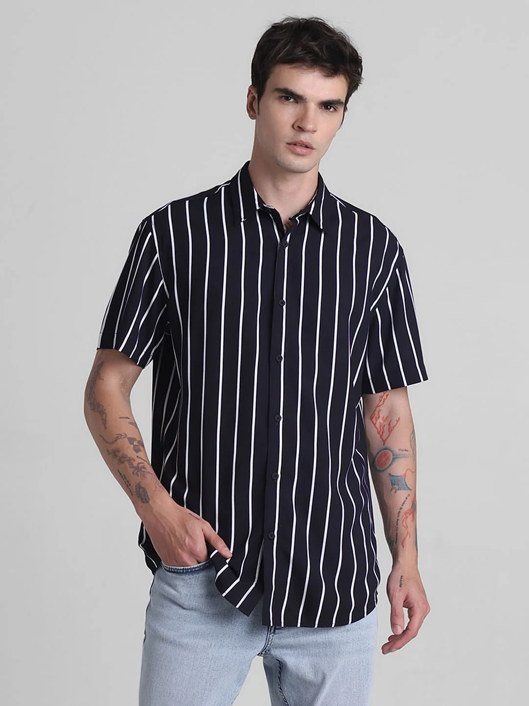 Black Striped Cotton Short Sleeves Shirt - Image 2