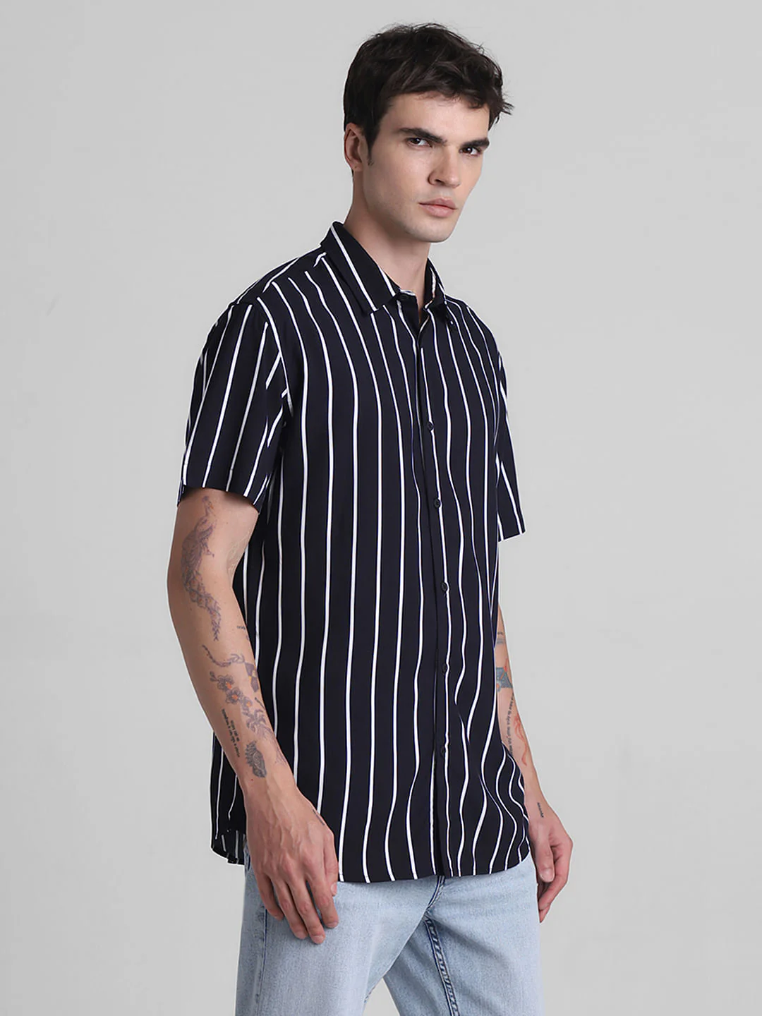 Black Striped Cotton Short Sleeves Shirt - Image 3