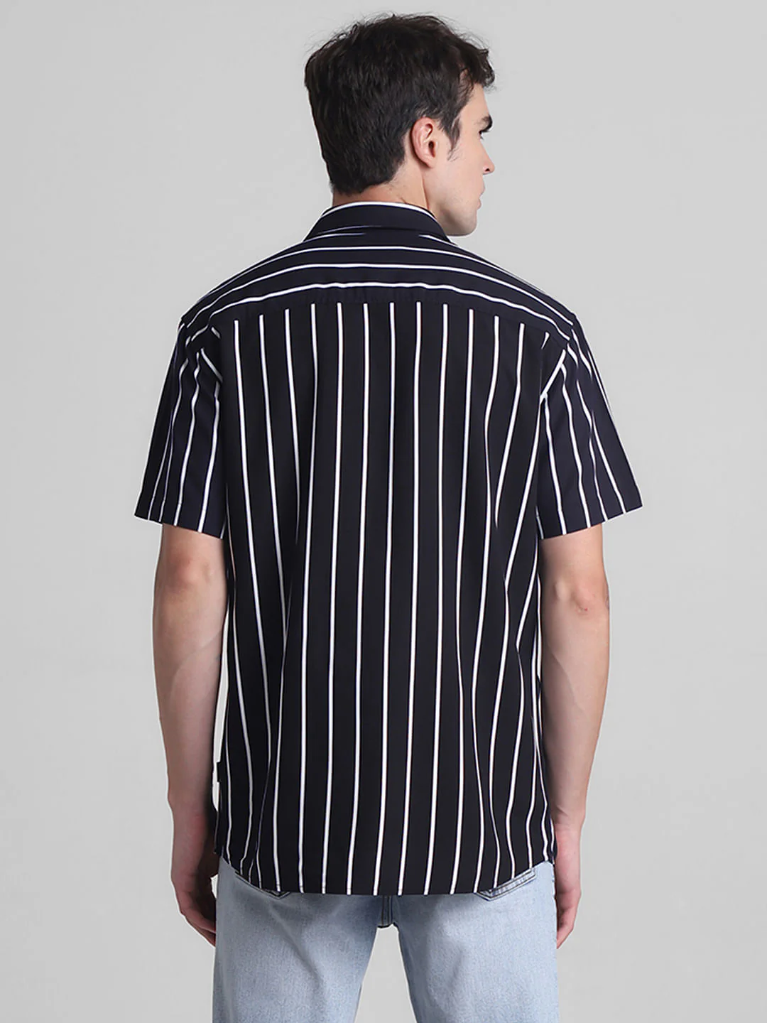 Black Striped Cotton Short Sleeves Shirt - Image 4