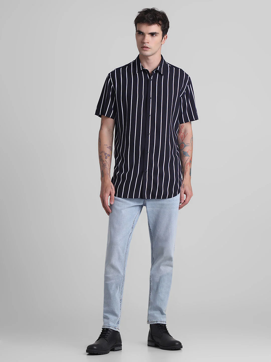 Black Striped Cotton Short Sleeves Shirt - Image 6