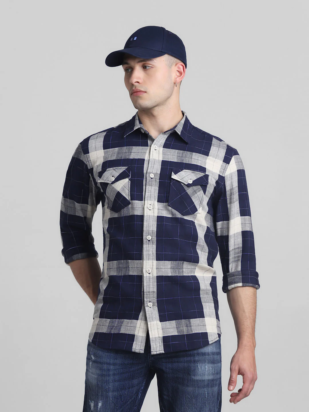 Navy Blue Check Full Sleeves Shirt