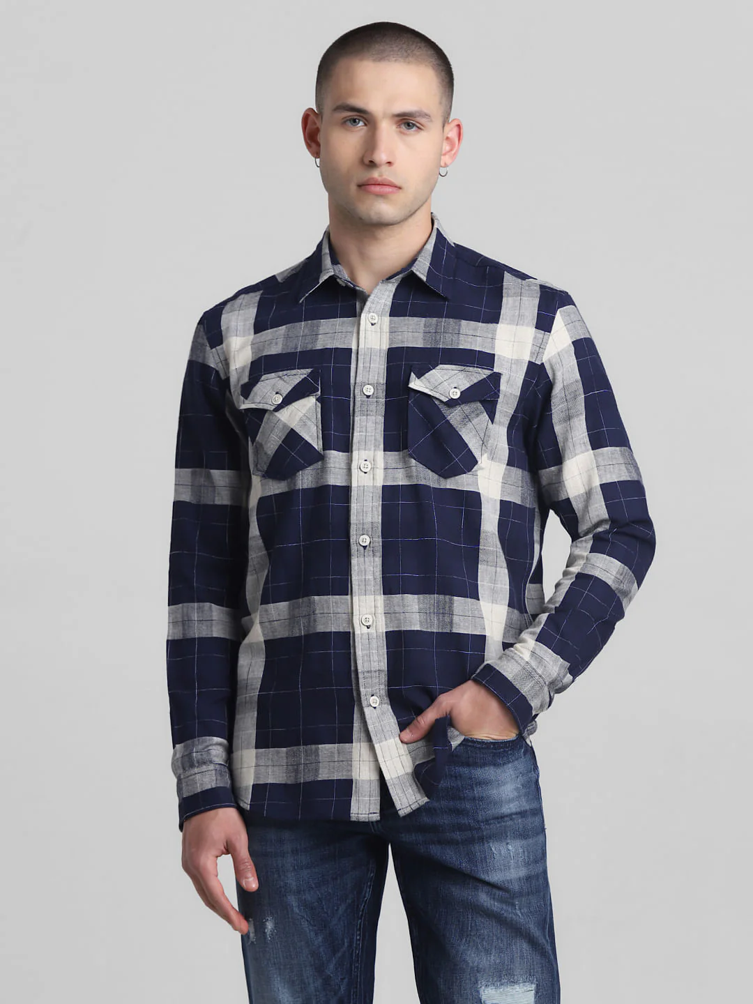 Navy Blue Check Full Sleeves Shirt - Image 2