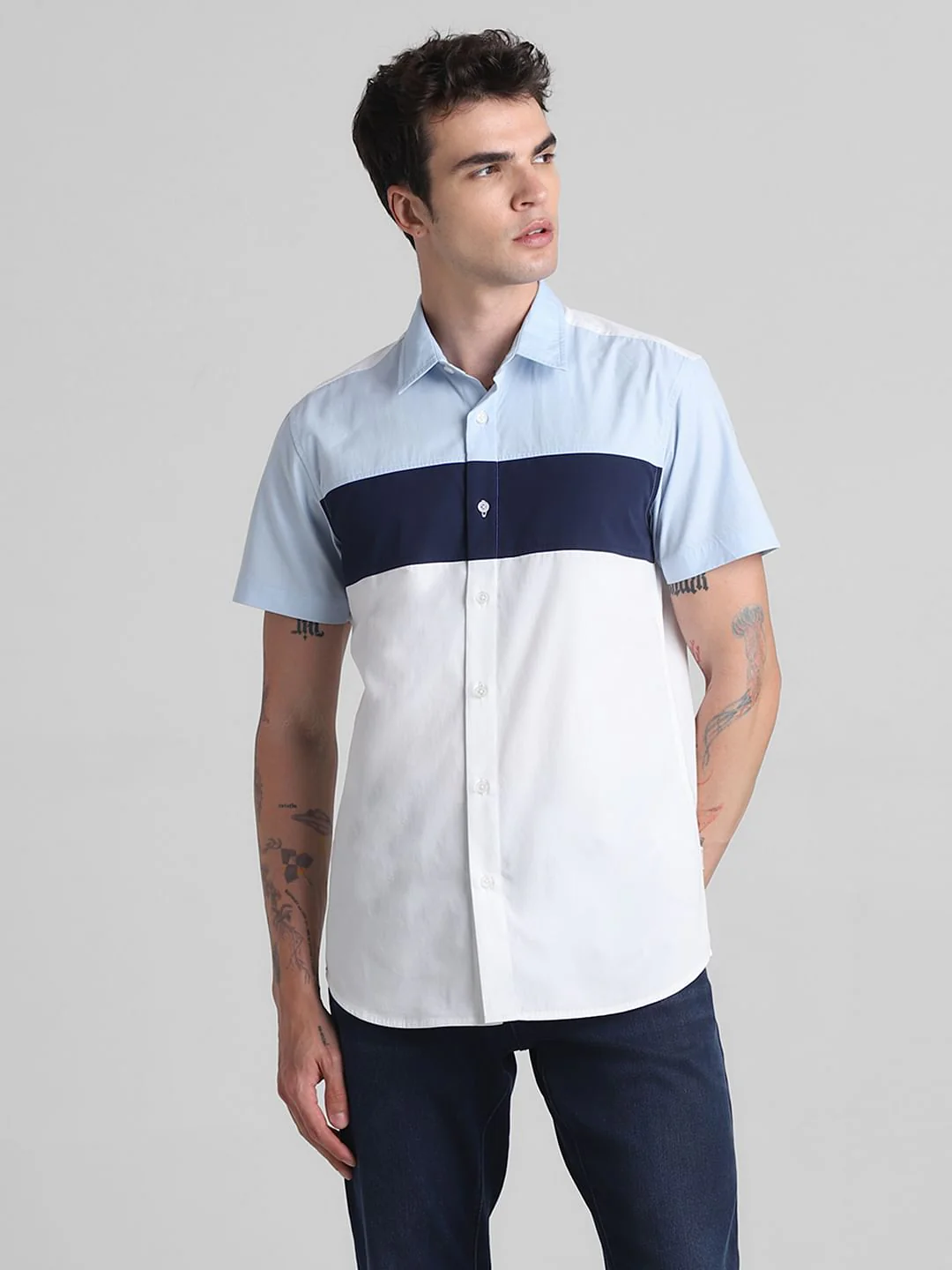 Blue Colourblocked Short Sleeves Shirt - Image 2