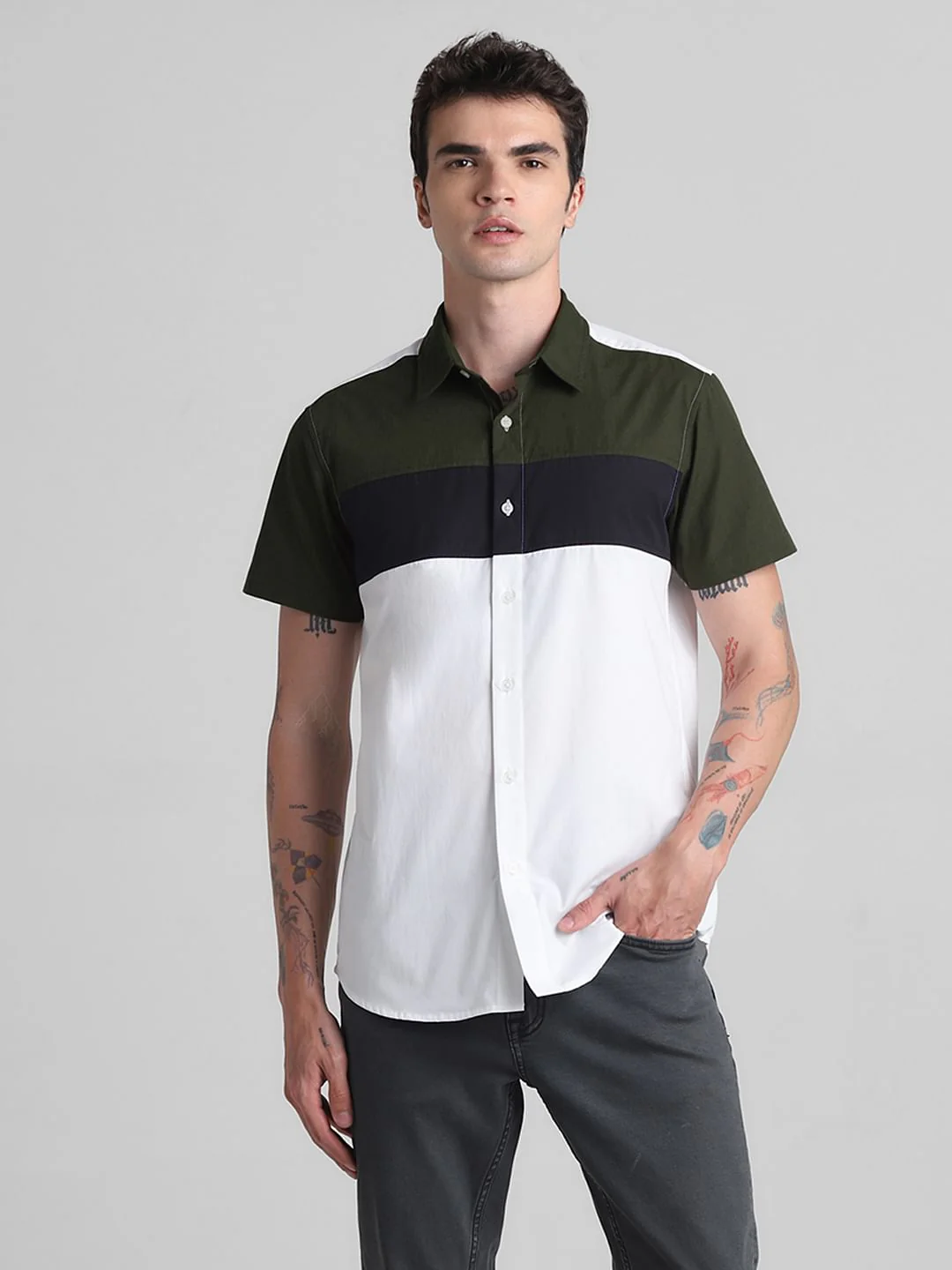 Green Colourblocked Short Sleeves Shirt - Image 2