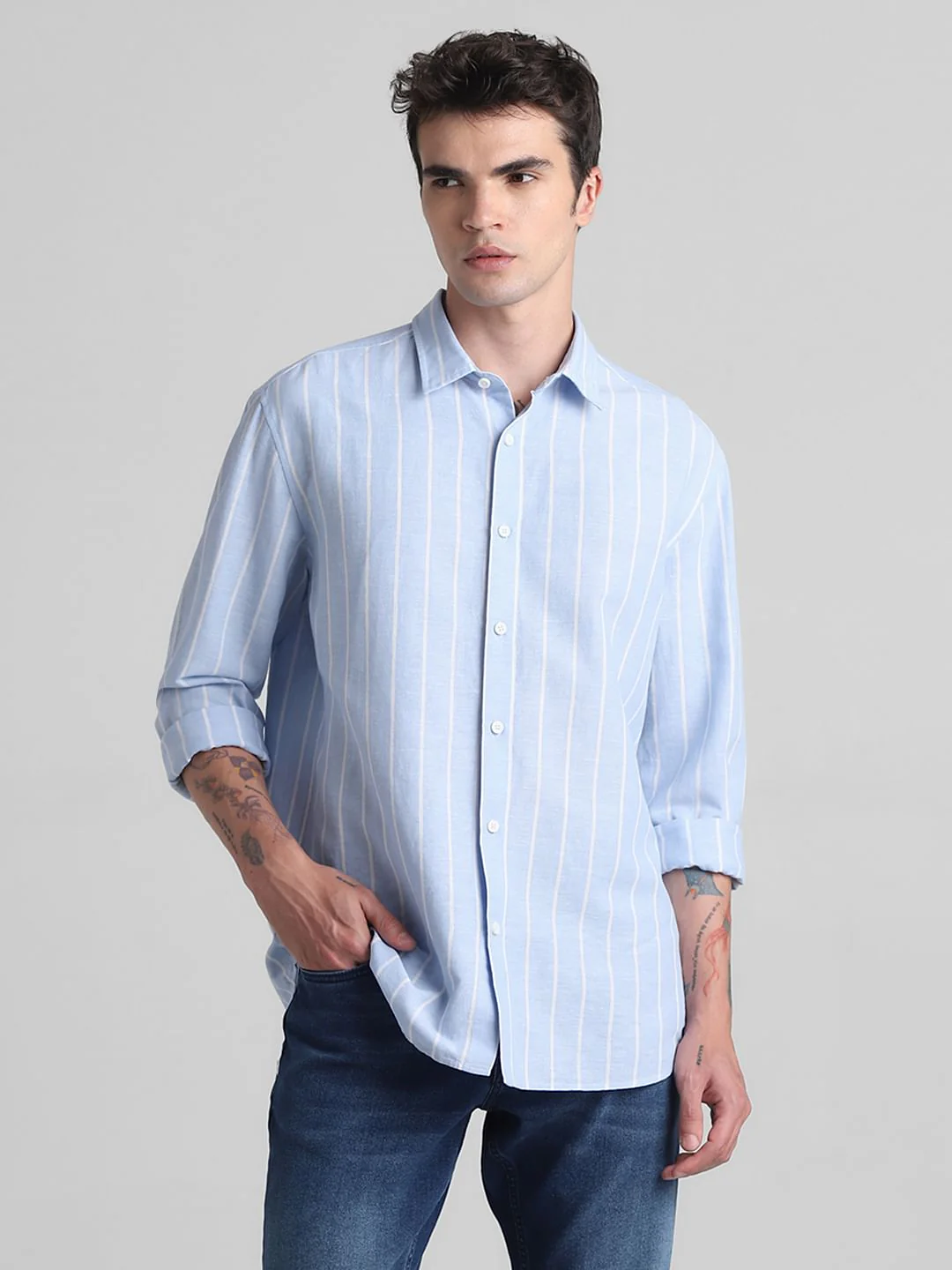 Blue Striped Full Sleeves Shirt - Image 2