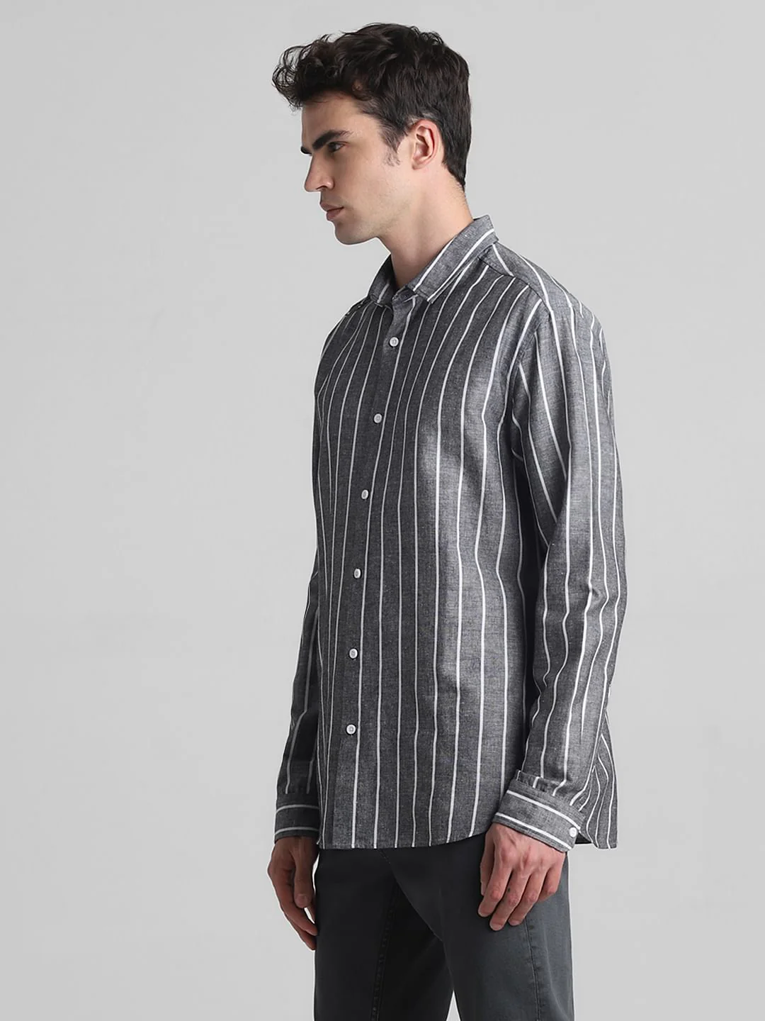 Grey Striped Full Sleeves Shirt - Image 3