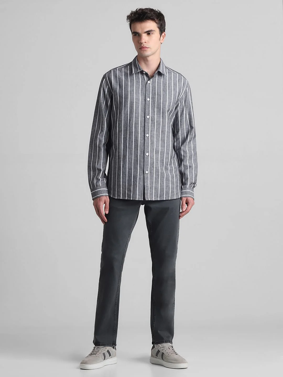 Grey Striped Full Sleeves Shirt - Image 6