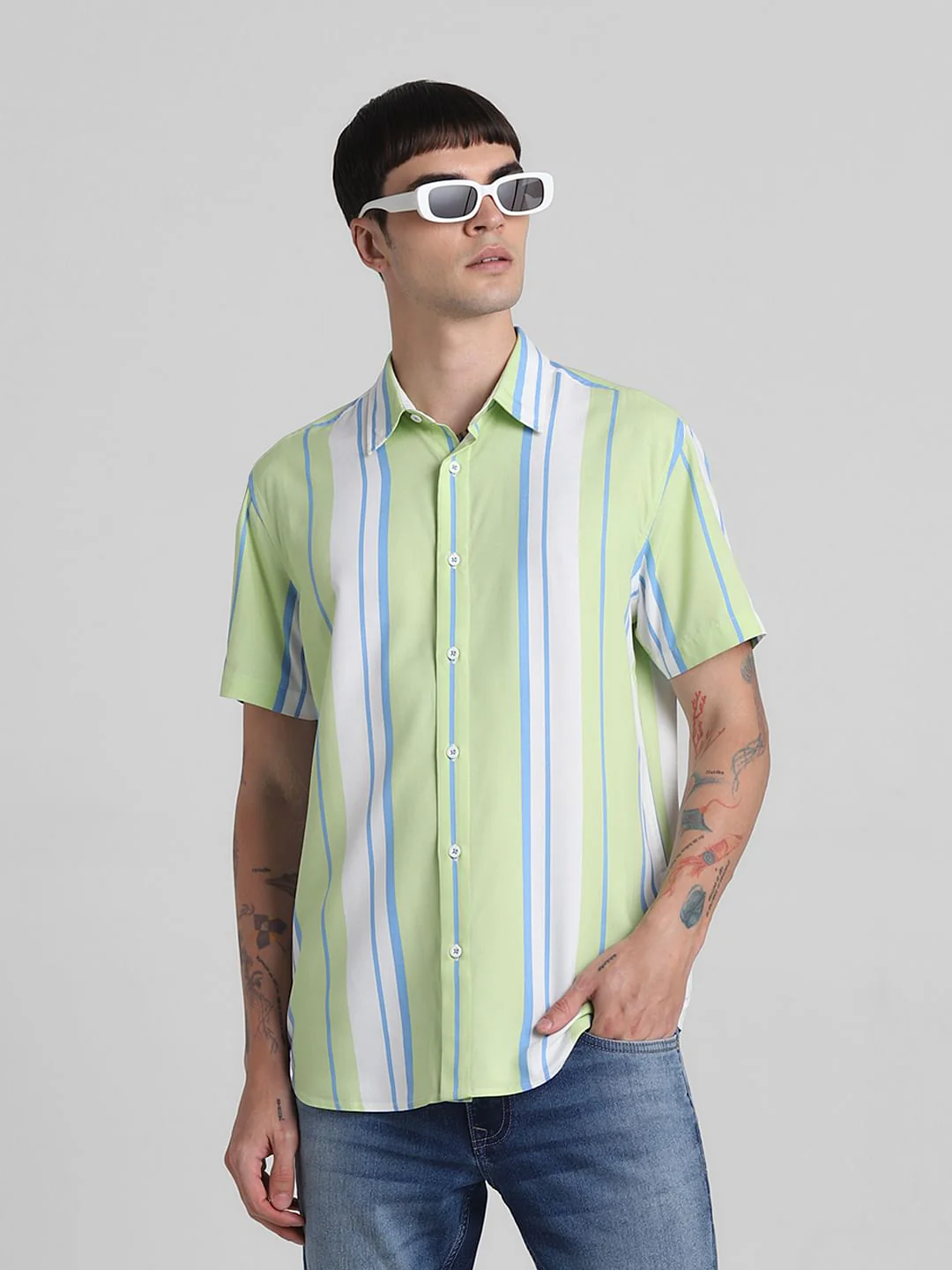Green Striped Short Sleeves Shirt