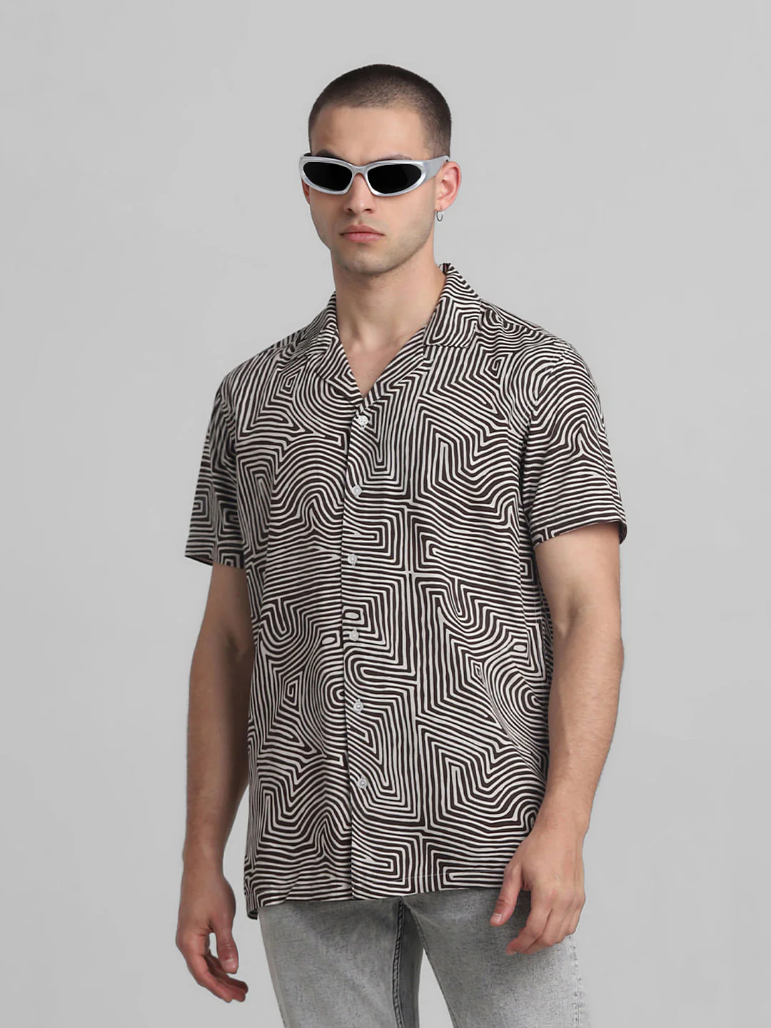 Black Abstract Print Short Sleeves Shirt