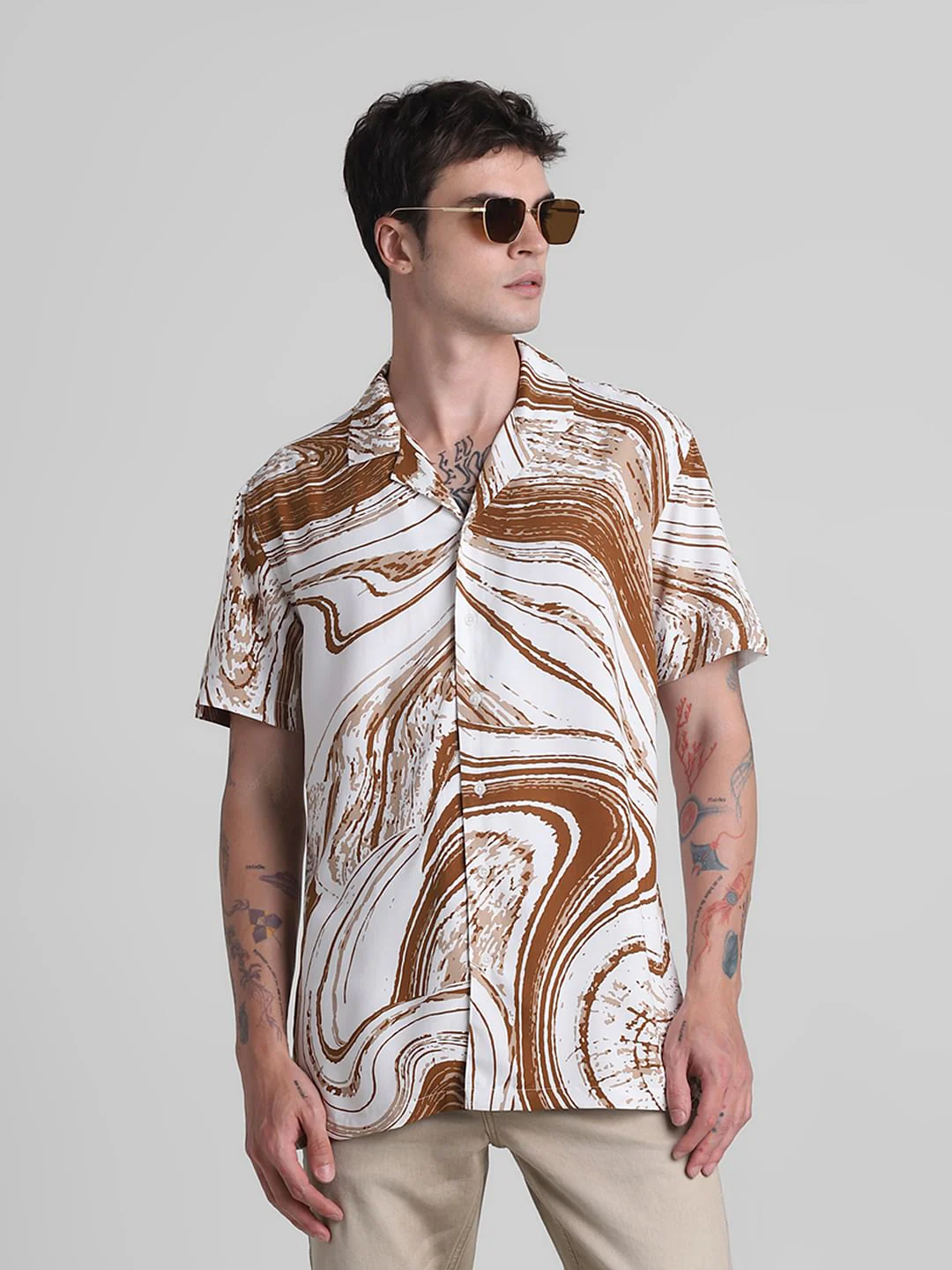 Brown Abstract Print Short Sleeves Shirt