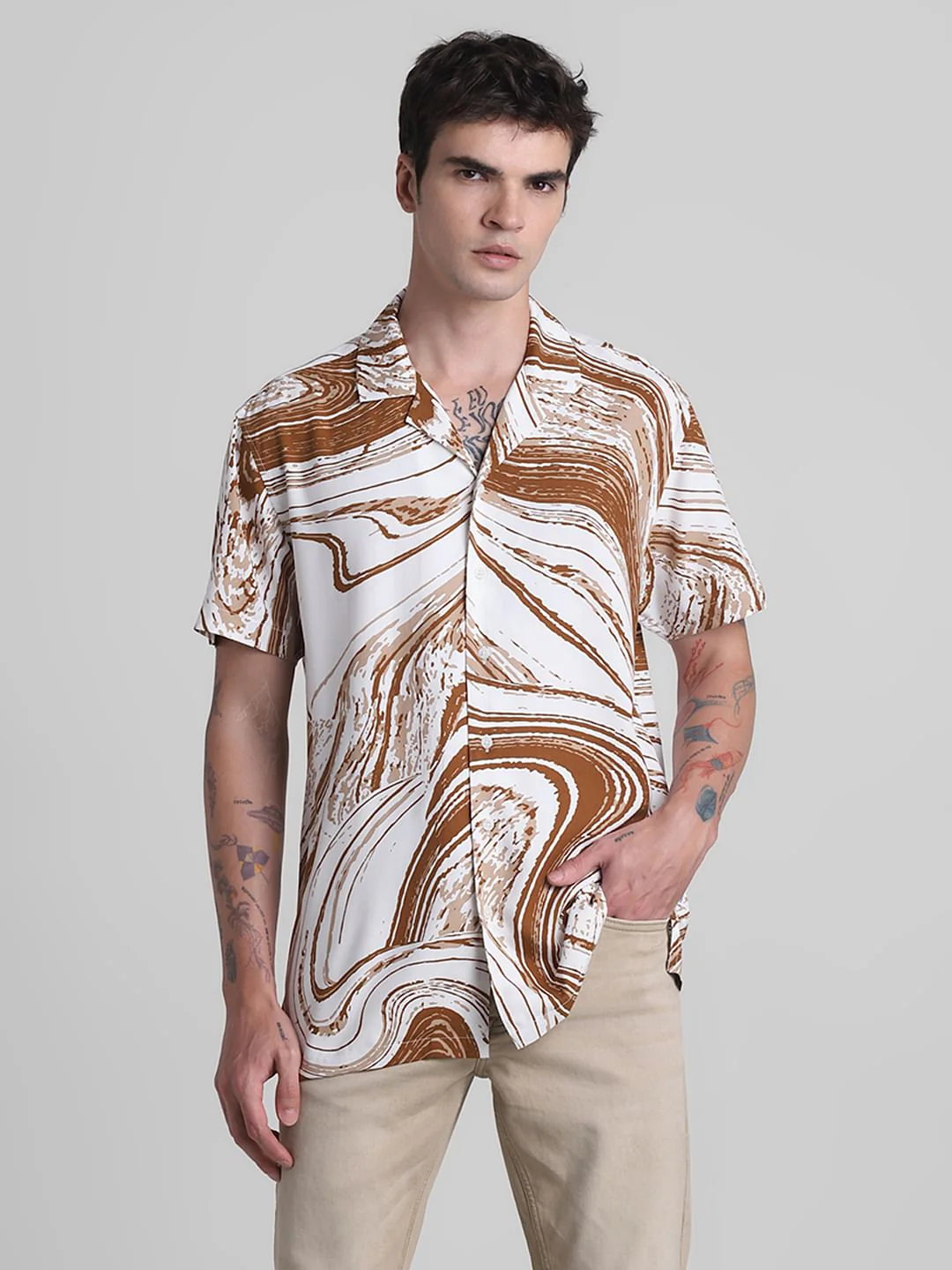 Brown Abstract Print Short Sleeves Shirt - Image 2