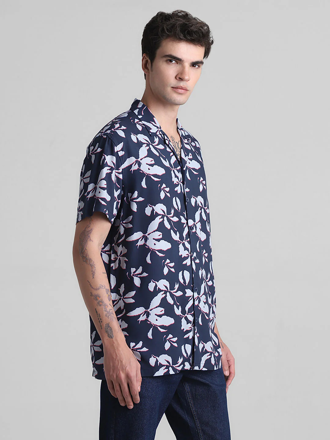 Dark Blue Floral Short Sleeves Shirt - Image 3