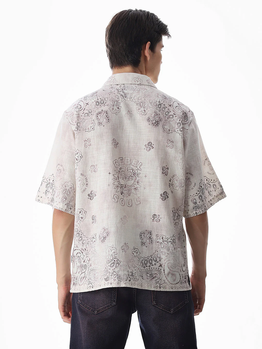 Beige Printed Viscose Oversized Shirt - Image 4
