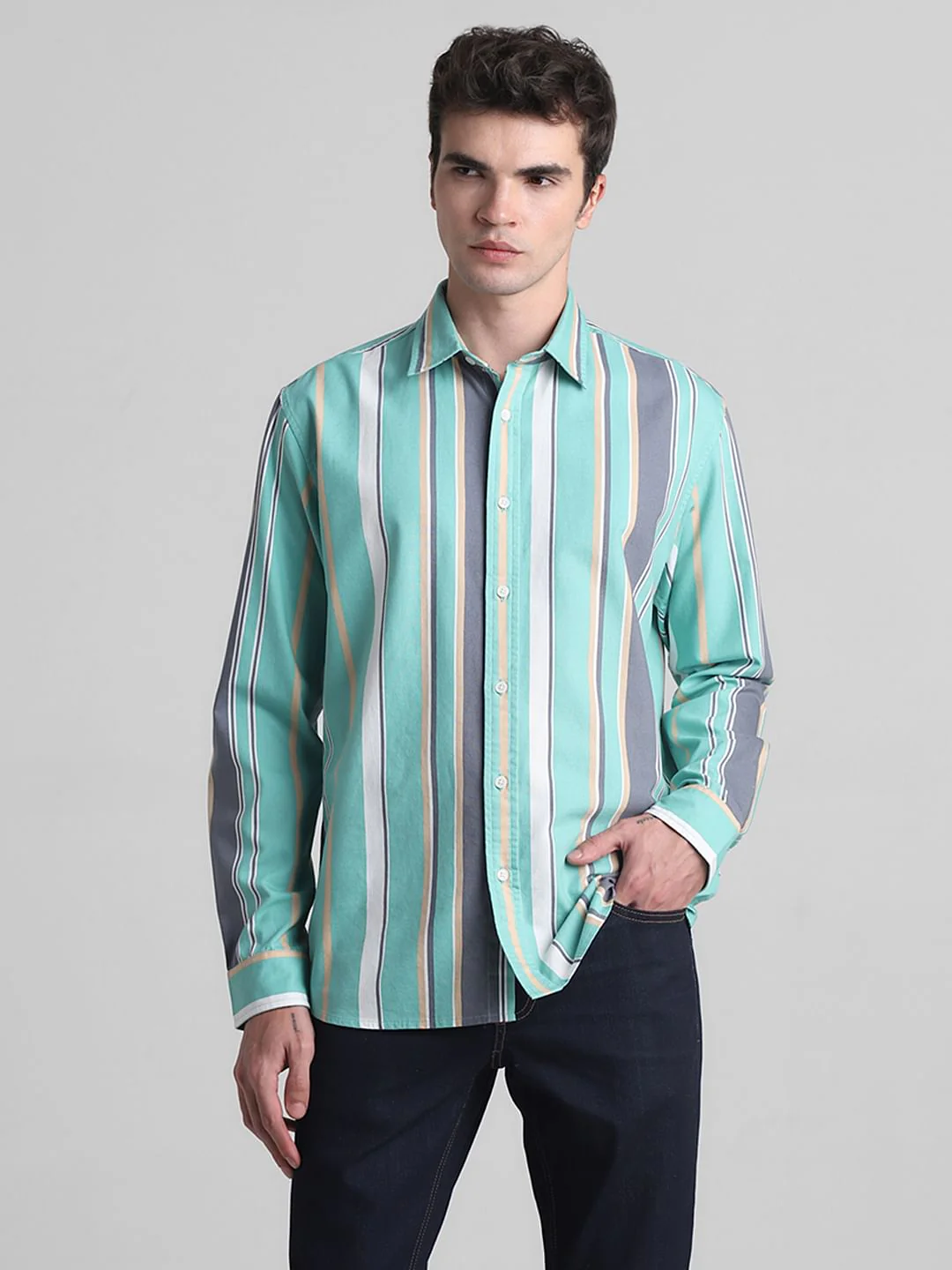 Green Striped Full Sleeves Shirt - Image 2