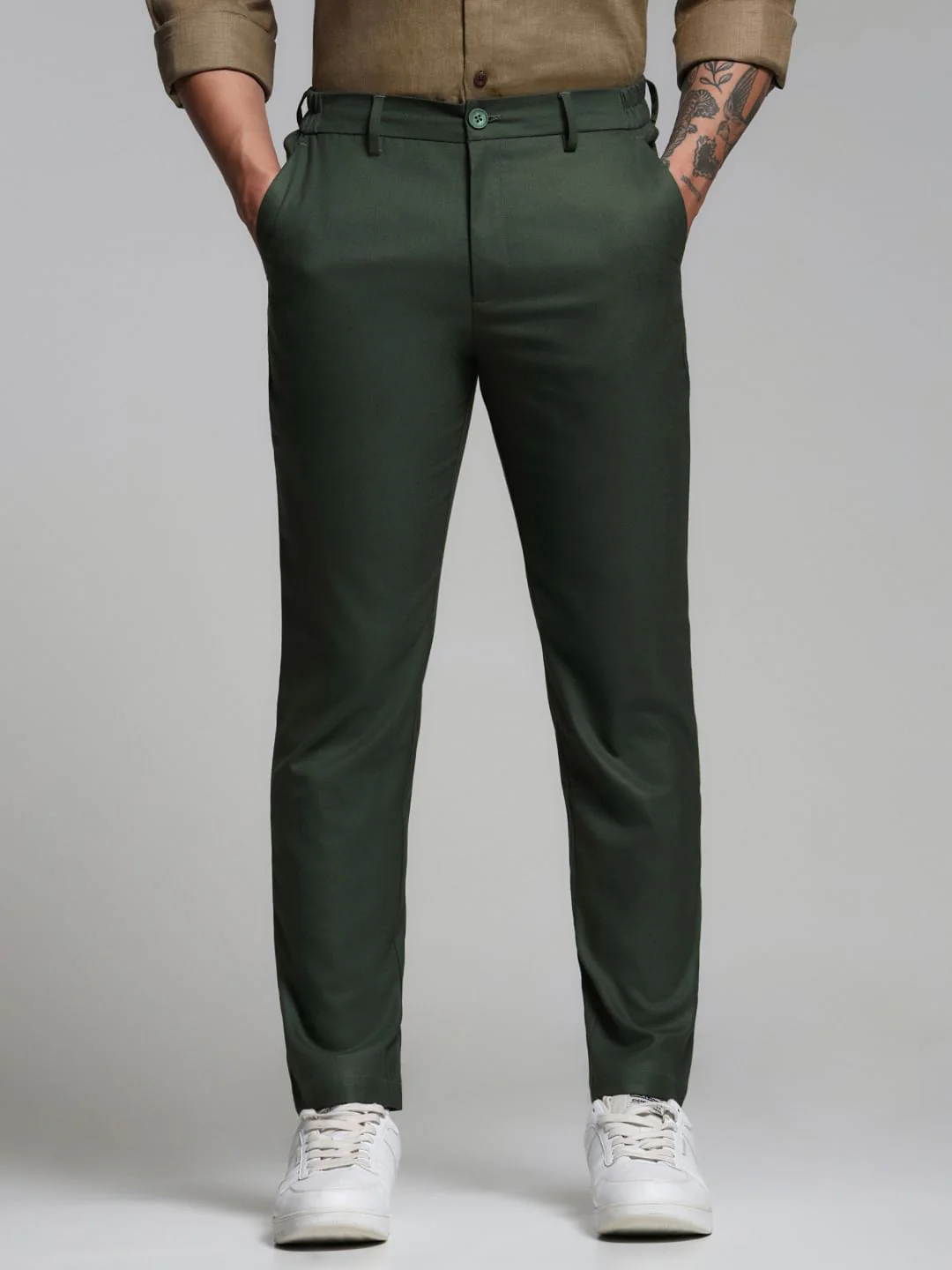 Dark Green Mid Rise Slim Fit Pants