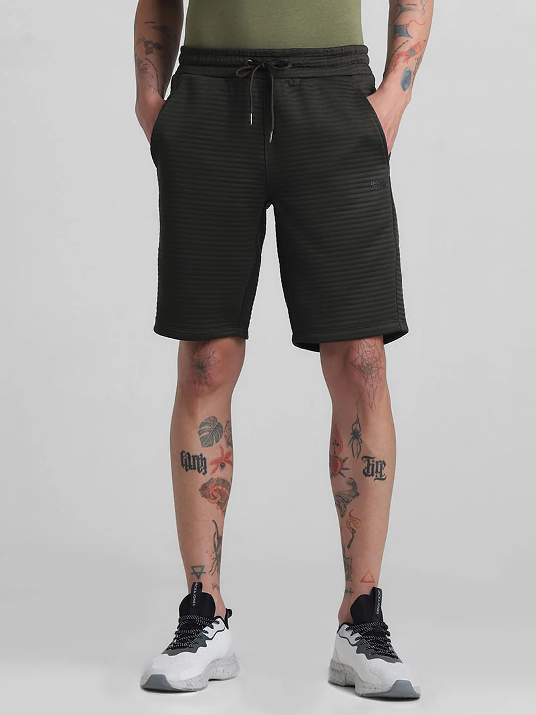 Dark Green Mid Rise Textured Shorts