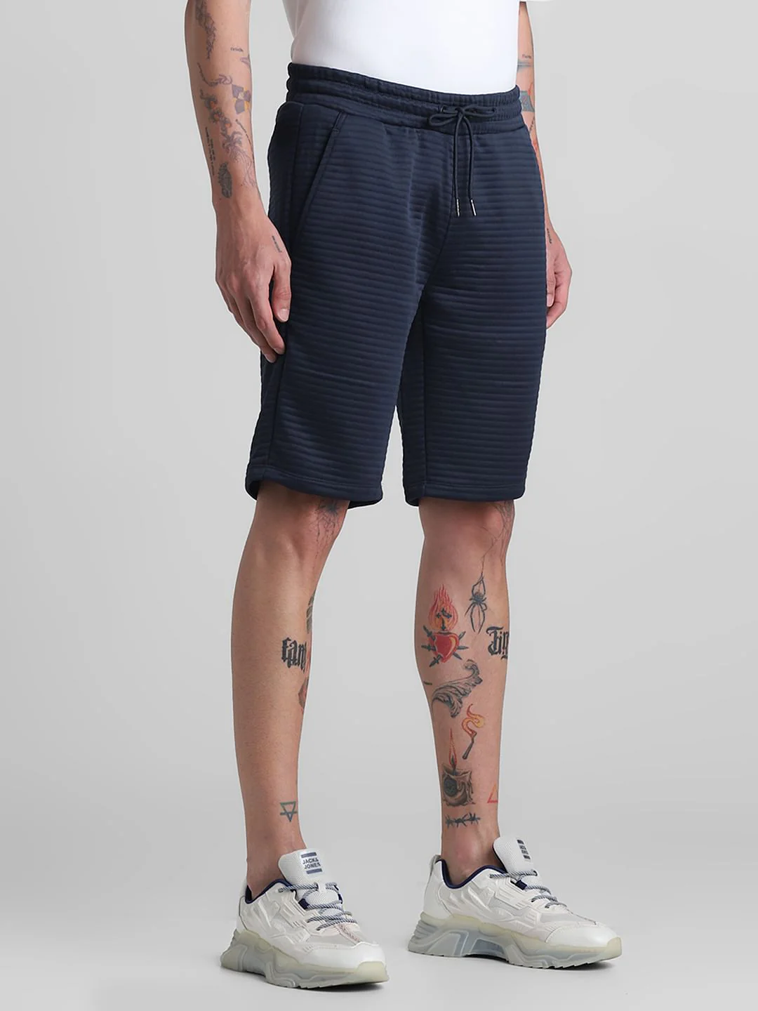 Navy Blue Mid Rise Textured Shorts - Image 2