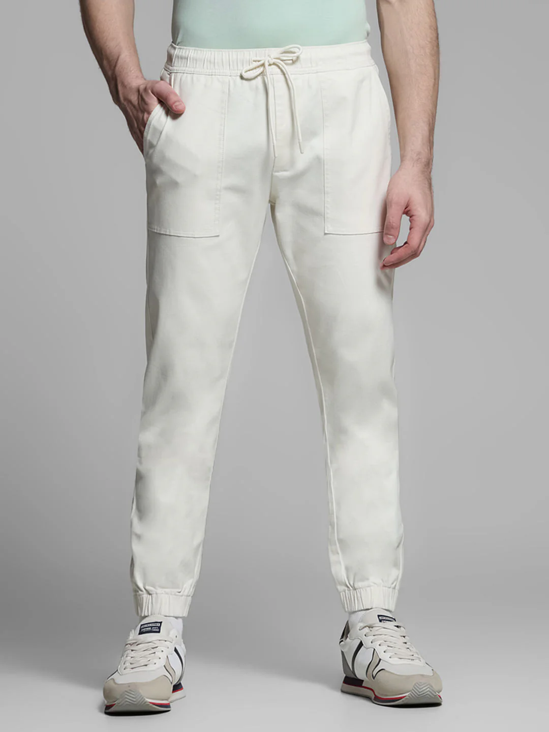 Beige Mid Rise Cotton Jogger Pants