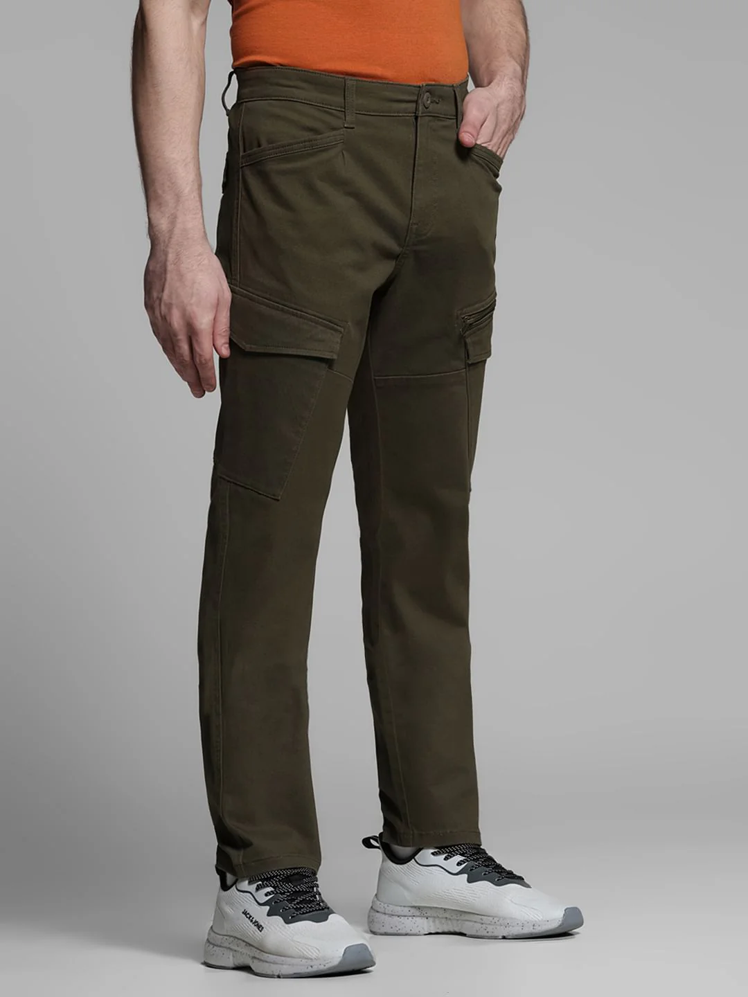 Olive Green Mid Rise Cargo Trousers - Image 2