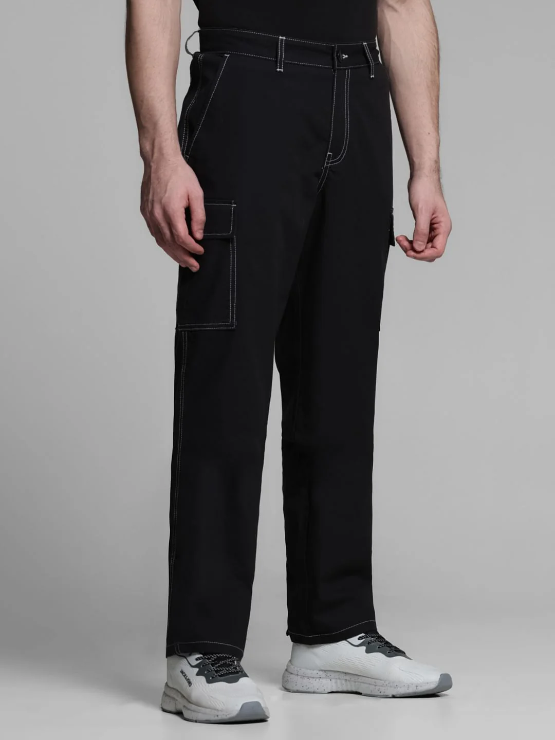 Black Contrast Stitch Cargo Trousers - Image 2