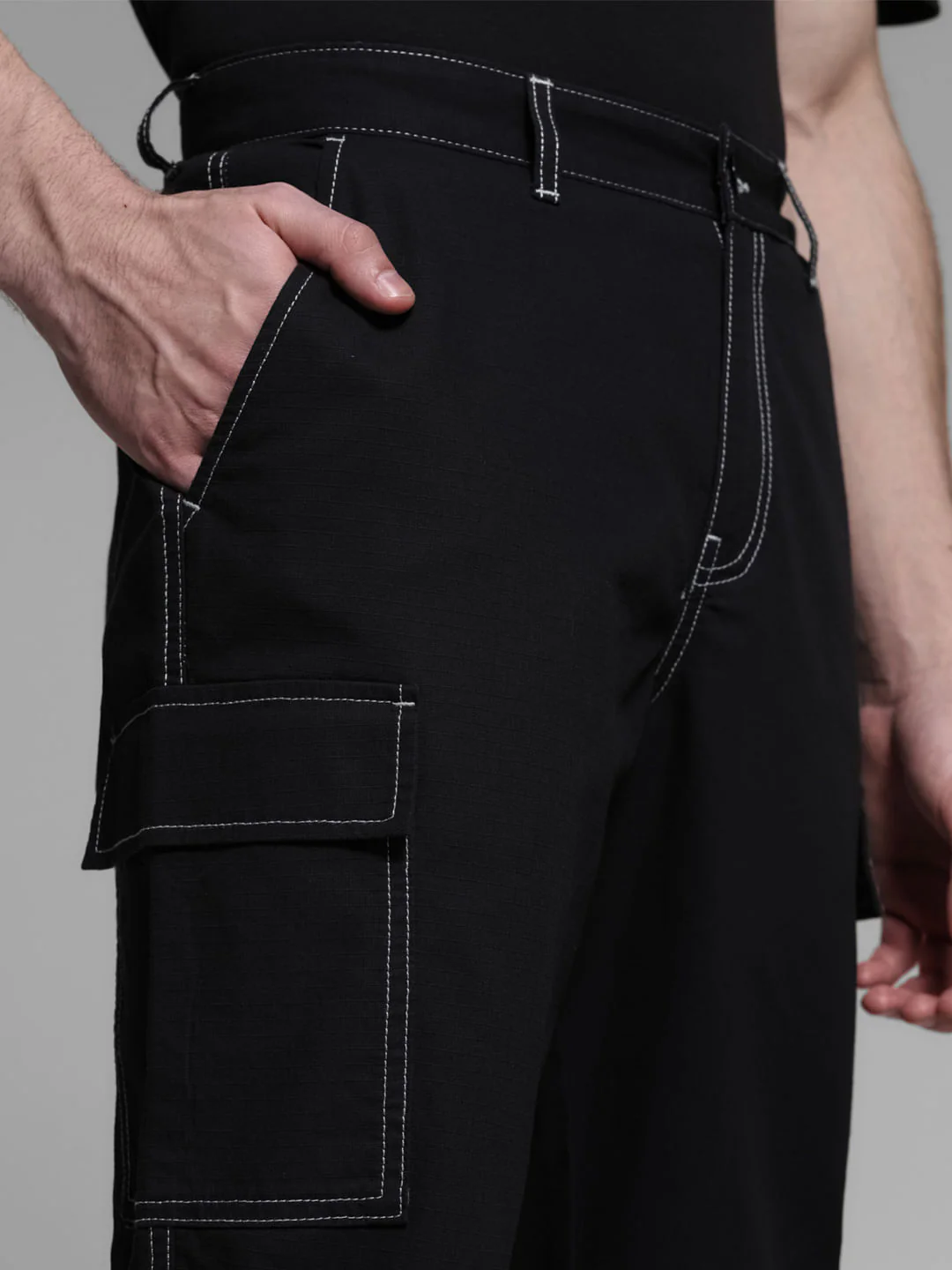 Black Contrast Stitch Cargo Trousers - Image 4