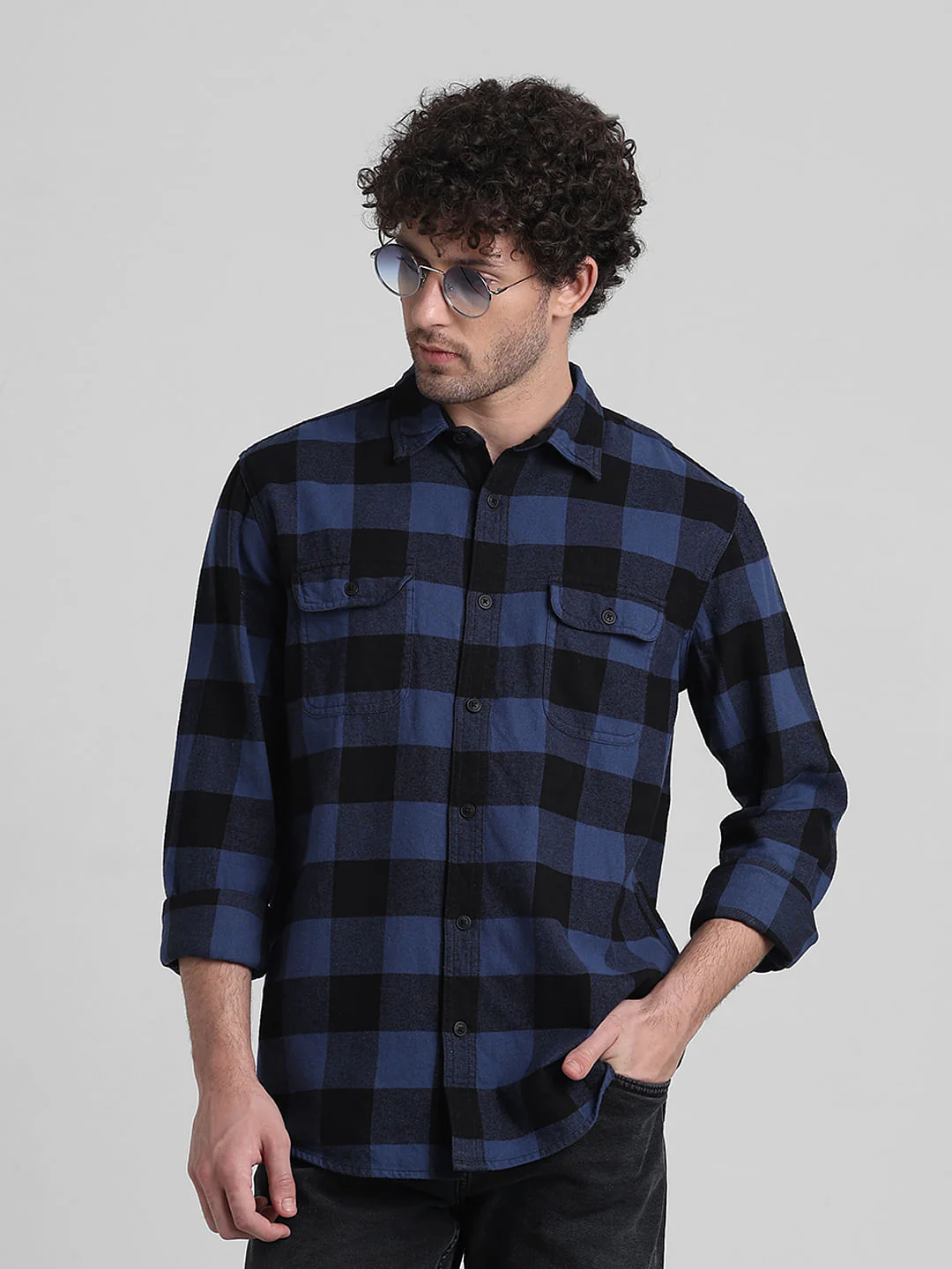 Dark Blue Check Print Cotton Shirt