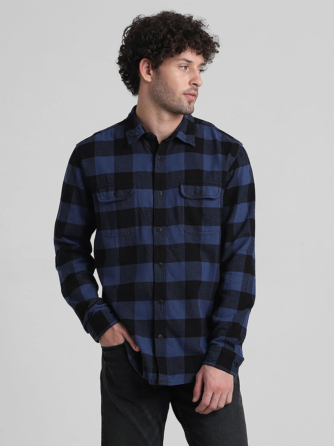 Dark Blue Check Print Cotton Shirt - Image 2