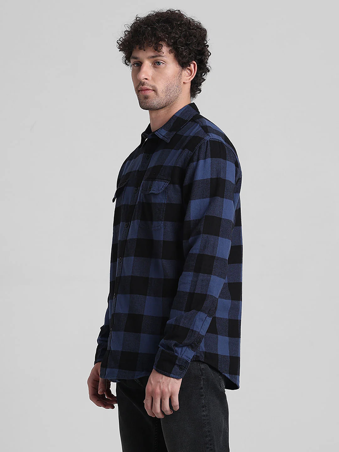 Dark Blue Check Print Cotton Shirt - Image 3