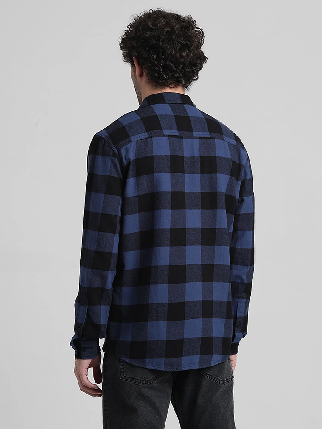 Dark Blue Check Print Cotton Shirt - Image 4