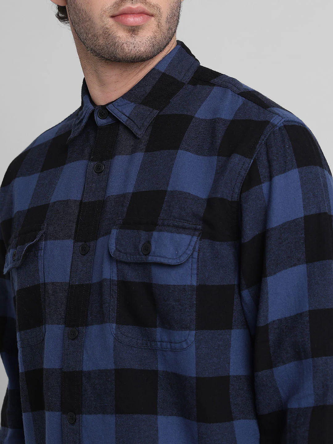 Dark Blue Check Print Cotton Shirt - Image 5