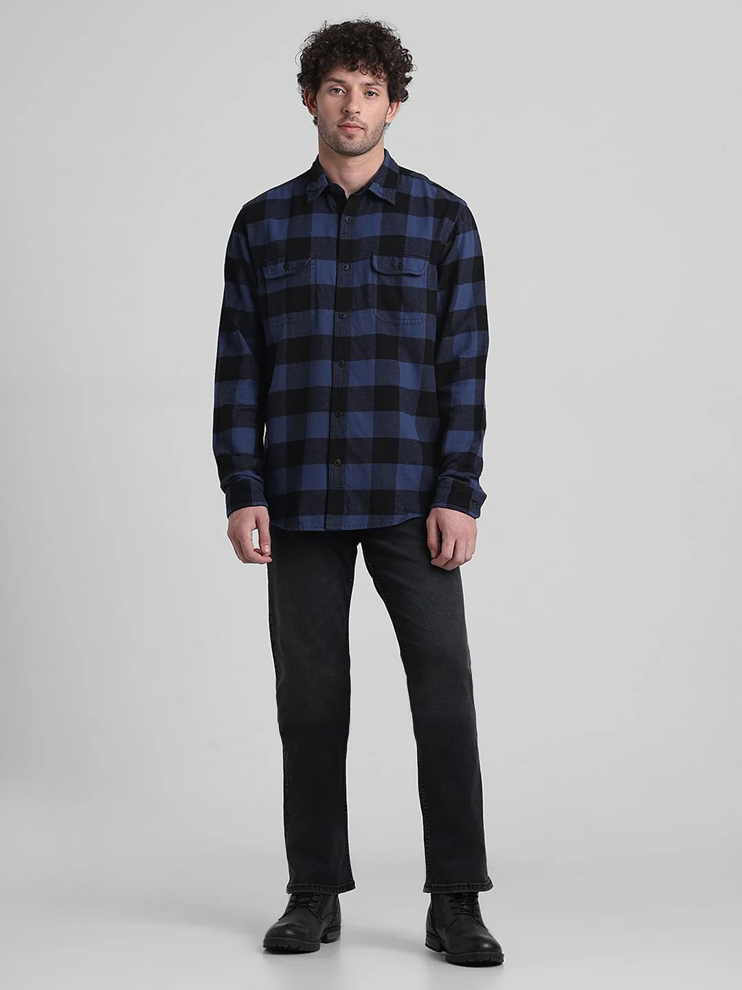Dark Blue Check Print Cotton Shirt - Image 6