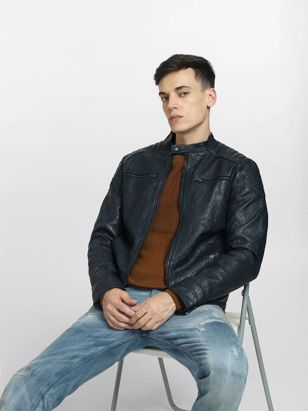 Navy Blue Leather Jacket