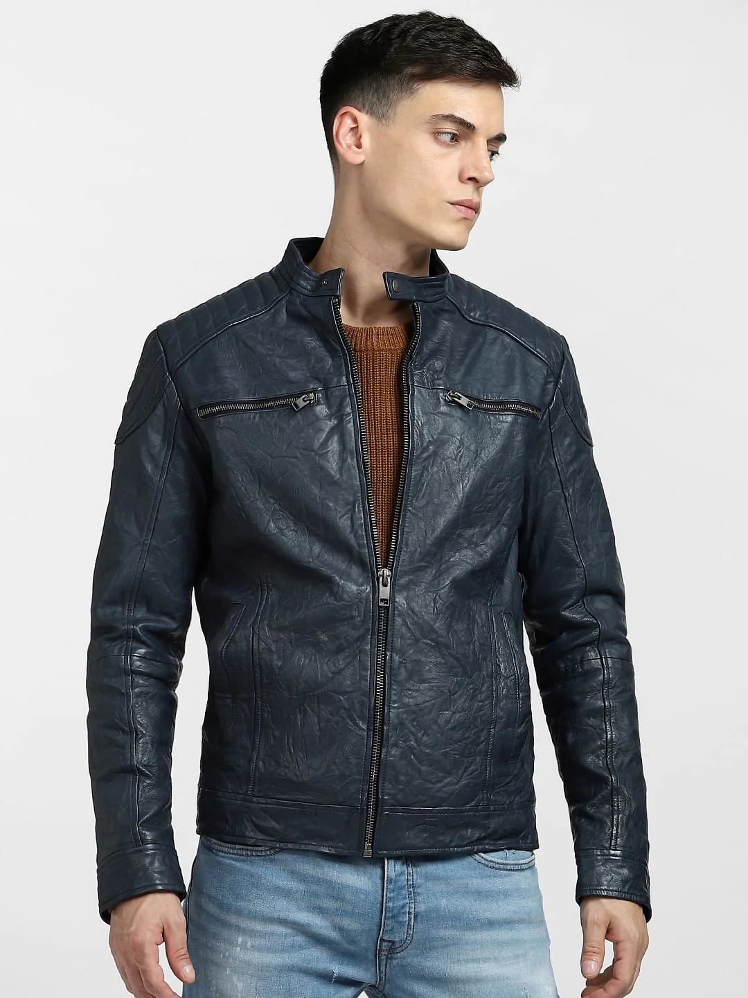 Navy Blue Leather Jacket - Image 2