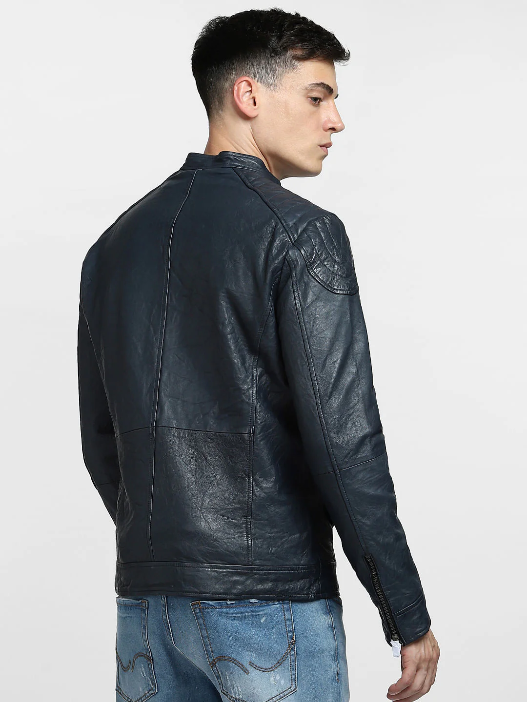 Navy Blue Leather Jacket - Image 4