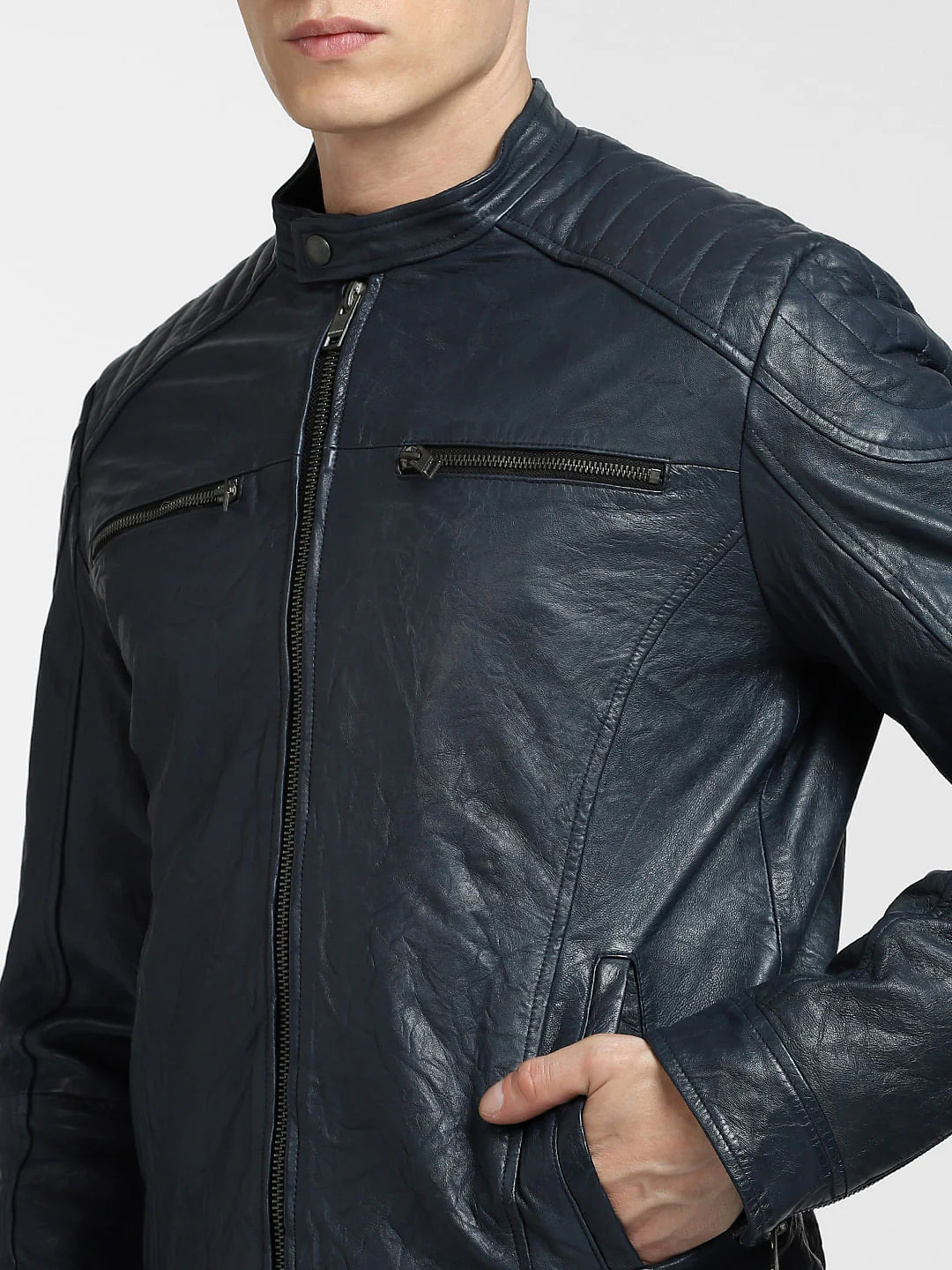 Navy Blue Leather Jacket - Image 5