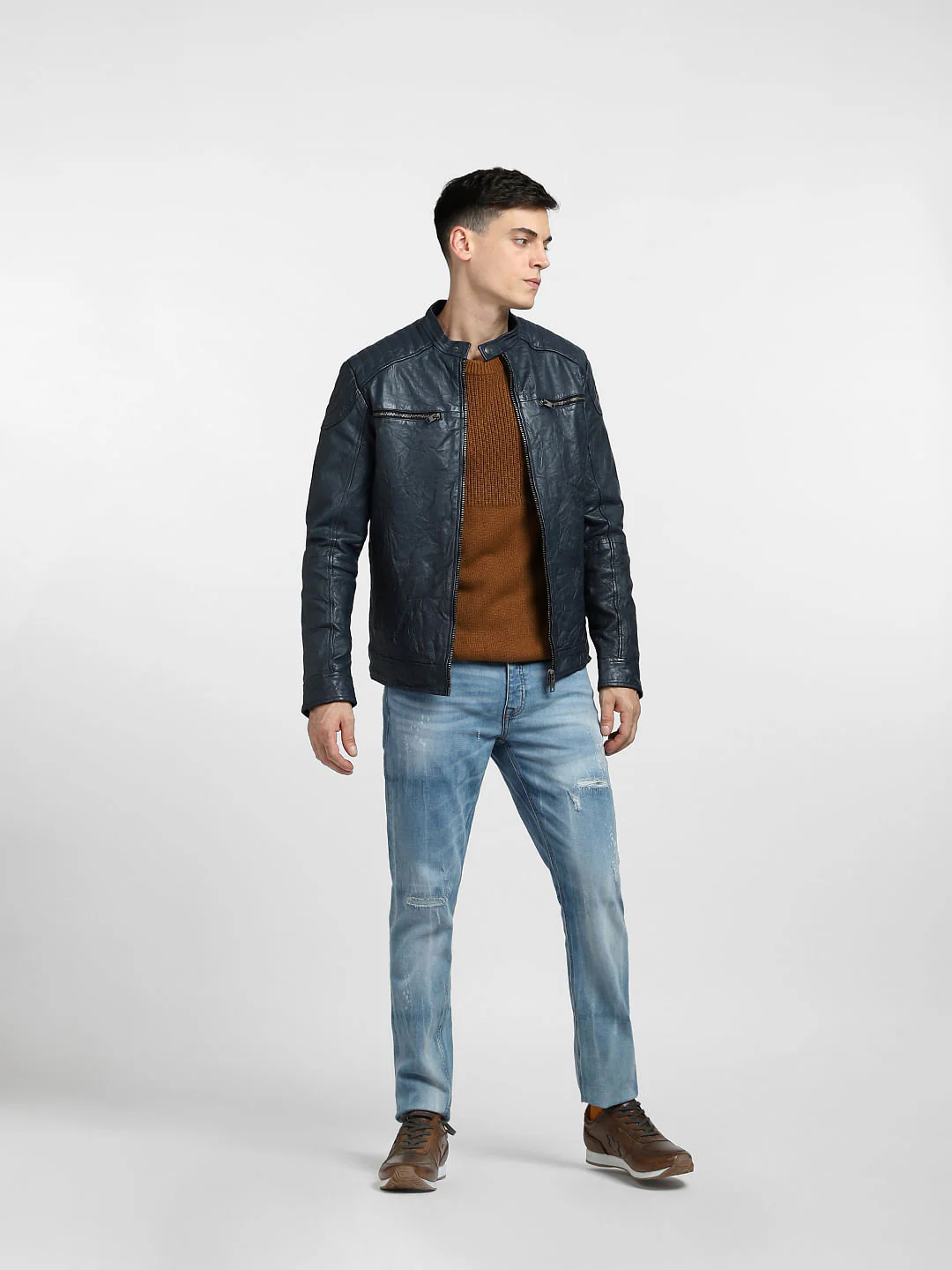 Navy Blue Leather Jacket - Image 6