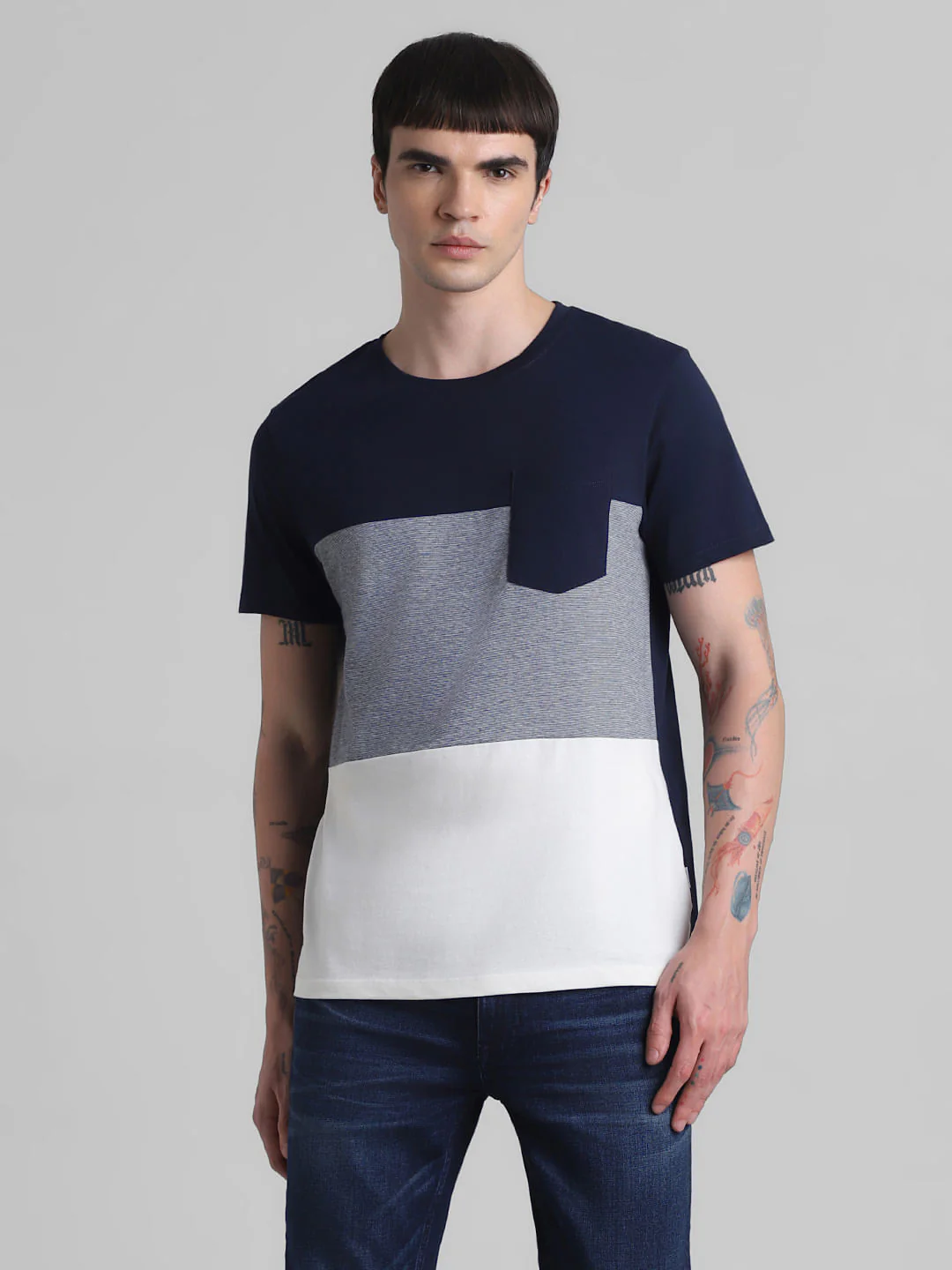 Navy Blue Colourblocked Cotton T-shirt - Image 2