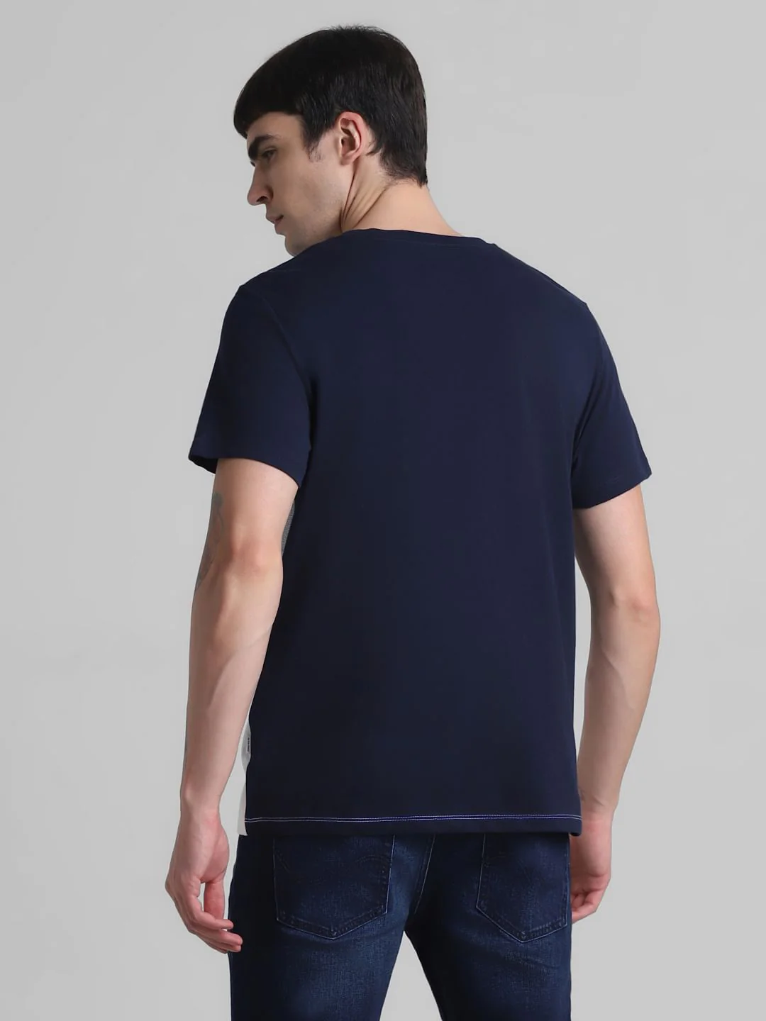 Navy Blue Colourblocked Cotton T-shirt - Image 4