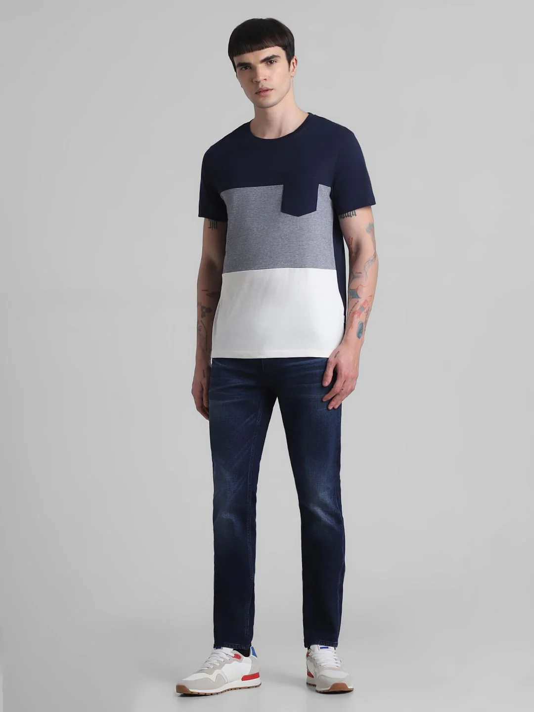 Navy Blue Colourblocked Cotton T-shirt - Image 6