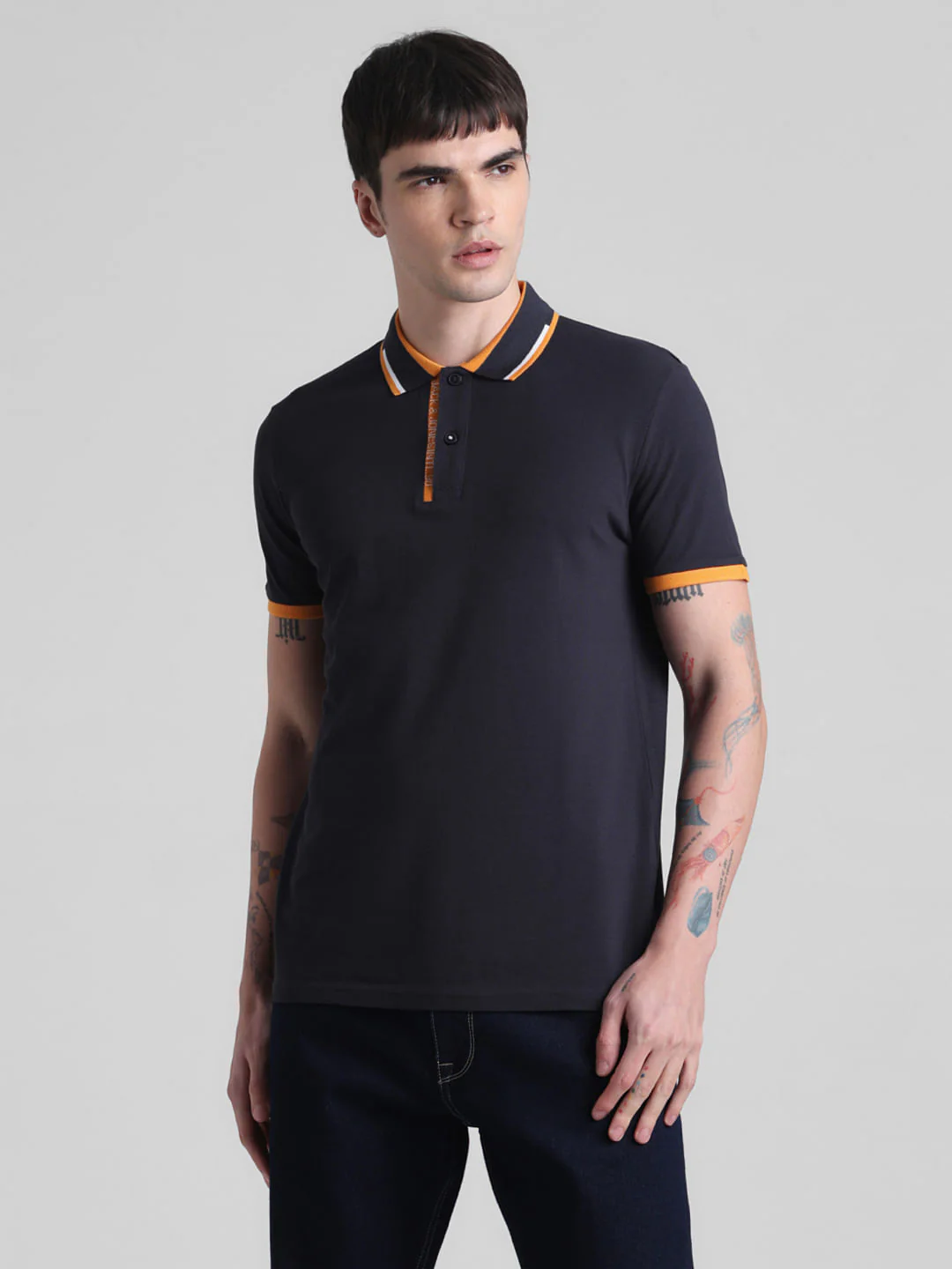 Navy Blue Contrast Rib Polo T-shirt - Image 2