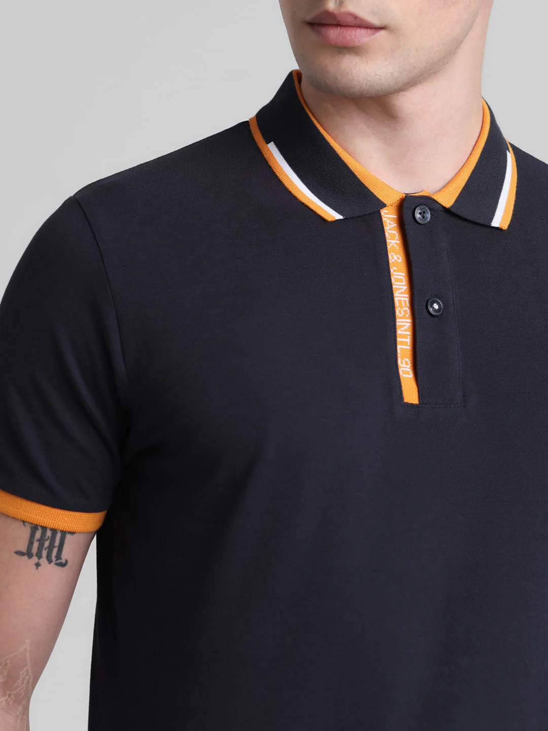 Navy Blue Contrast Rib Polo T-shirt - Image 5