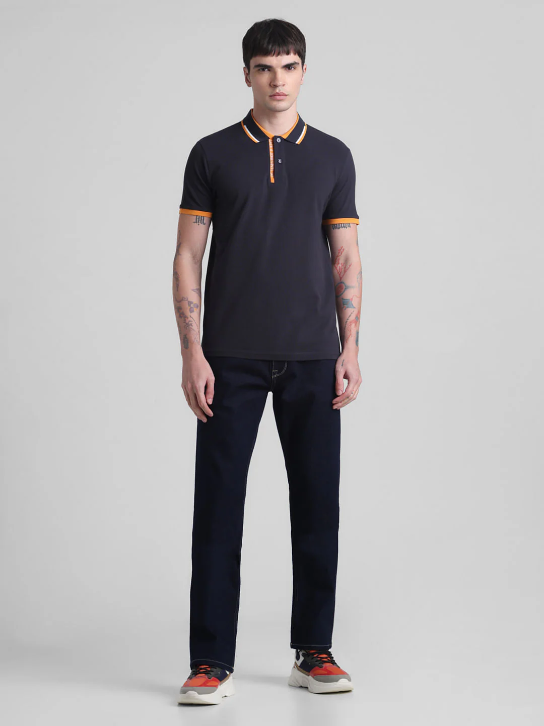Navy Blue Contrast Rib Polo T-shirt - Image 6