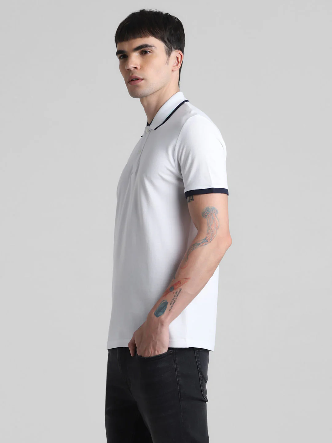 White Contrast Rib Polo T-shirt - Image 3