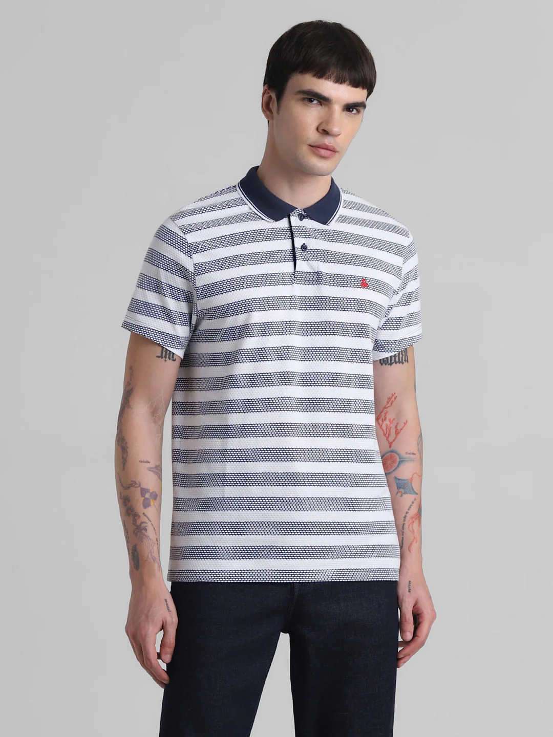 Navy Blue Striped Jacquard Polo T-shirt - Image 2