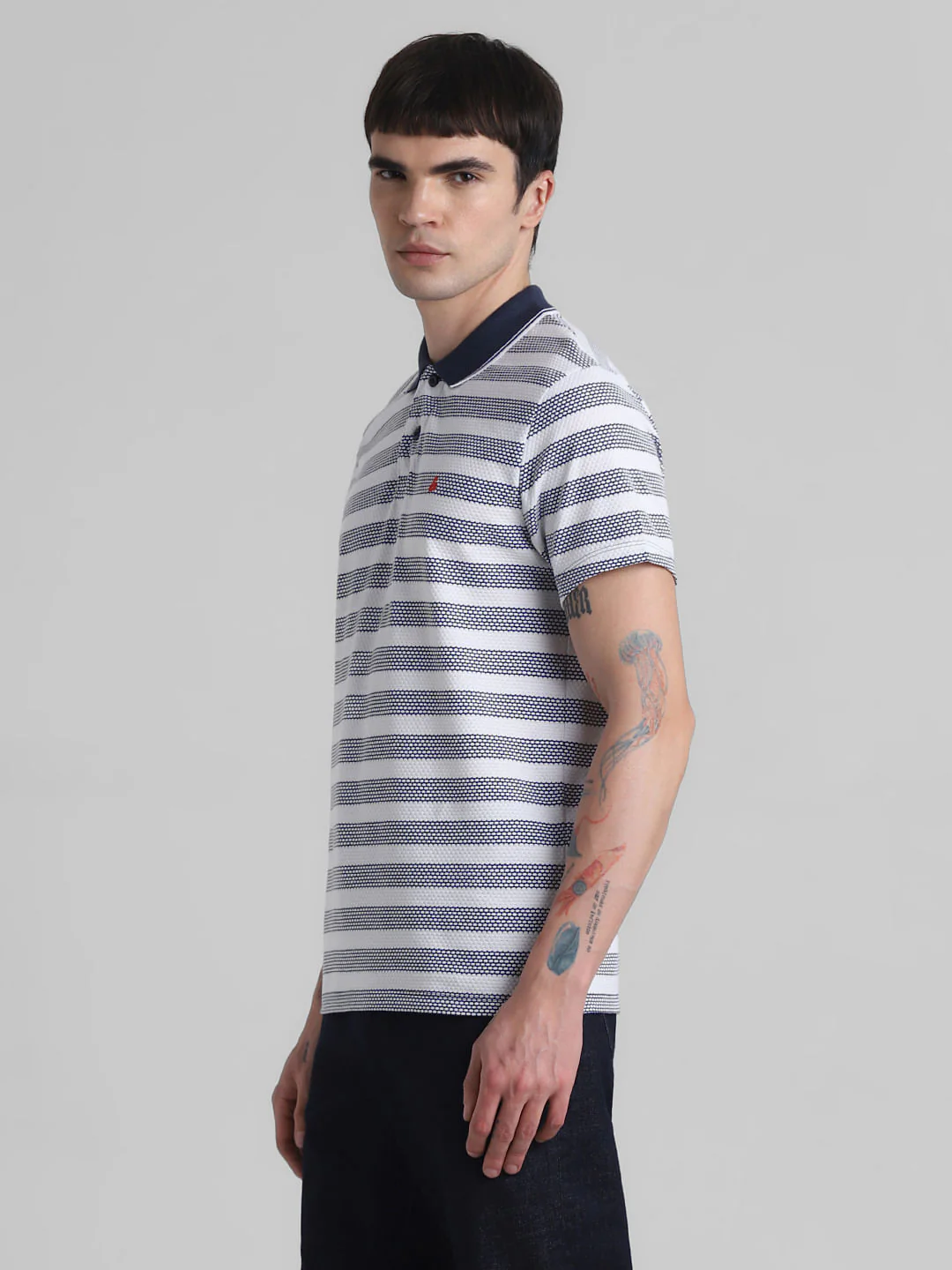 Navy Blue Striped Jacquard Polo T-shirt - Image 3
